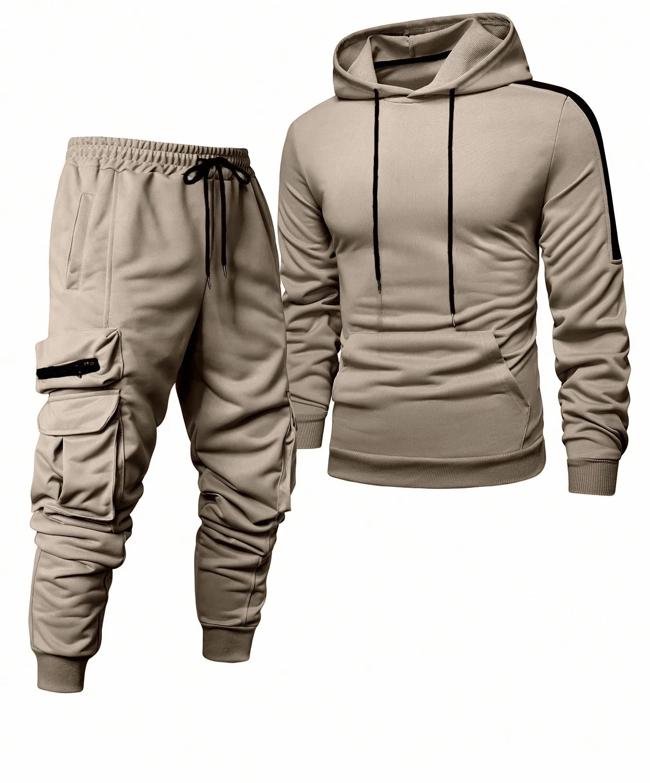 Men's Tracksuit Hooded Two Piece Sets Drawstring Long Sleeve Sweatshirt Multi Pocket Sweatpants Set Ribbed Cuffs Jogging Suit