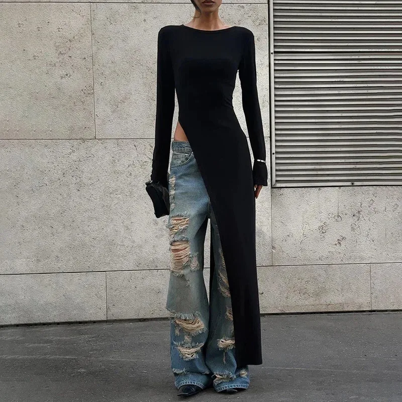 Bonny Abito nero asimmetrico a maniche lunghe Abiti alla moda Girocollo Chic Top Club Party Abiti spaccati a vita alta Autunno