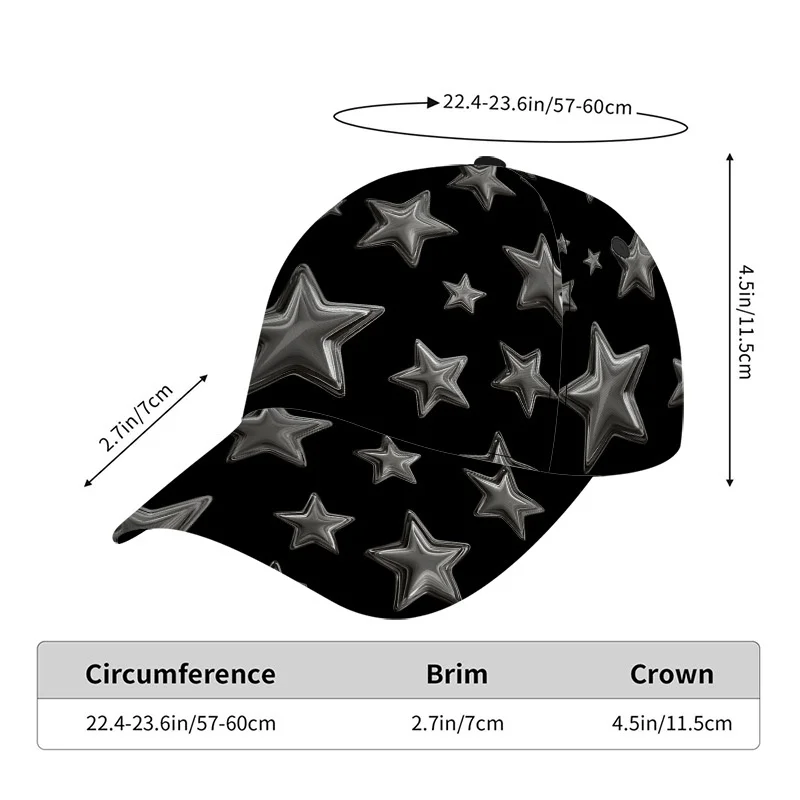 Unisex Baseball Cap Featuring Silvery Stars on a Black Background Equipped with an Adjustable Back Strap Perfect for Outdoor