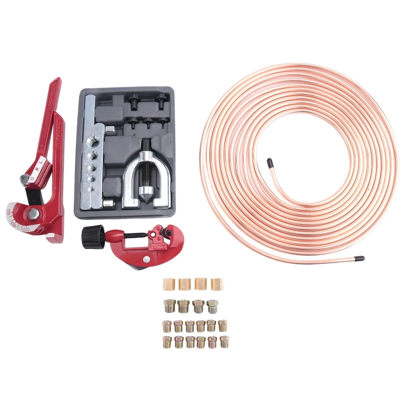 1/4 Brake Line - Brake Tubing Kit 25 Ft. With 16 Inverted Flare Fittings And 4 Unions+Double & Single Flaring Tool Kit Durable