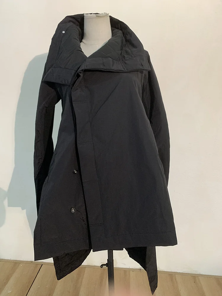 [EAM] 2024  New Fashion Winter Stand Lead Irregular Long Type Cotton-padded Clothes Loose Coat Solid Black Jacket Woman YA771