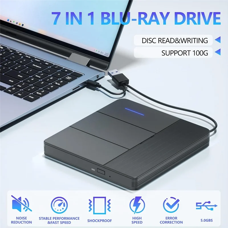 7 In 1 External Blu-Ray Drive,Support Disc R/W BD DVD CD Player,Portable Burner USB3.0 SD/TF Card Slot