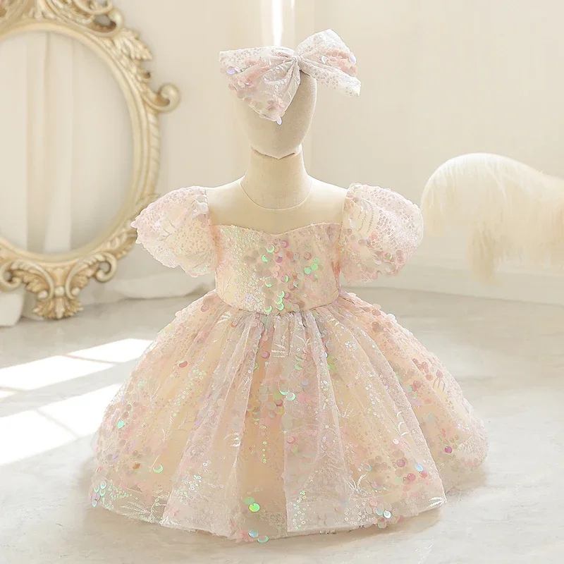 Little child Dress Handmade Sequin mesh pommel dress sweet and cute flower child bubble sleeve short style dinner dress 1309