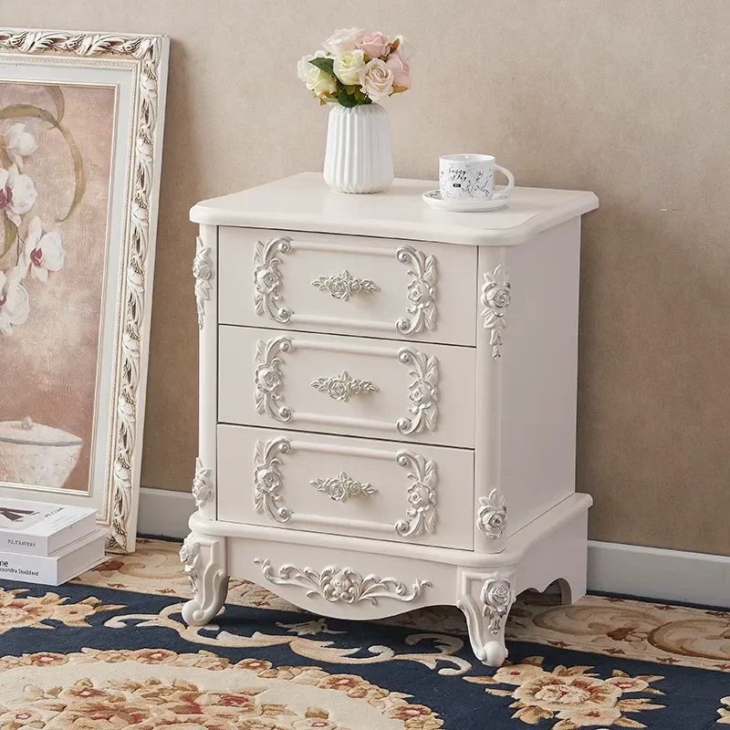 Nordic Bedside Table European Style Simple Engraved 3 Drawers 60cm High Gold Silver Painted Nightstand for Small Apartment