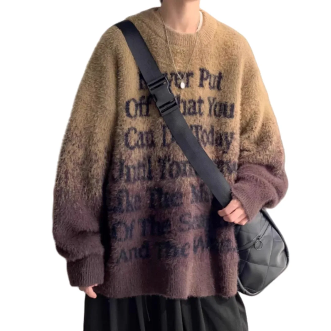 Man Letters Sweater 2025 Autumn Winter Men's Retro Sweater Crew Neck Couple Sweater Thickened Knitwear