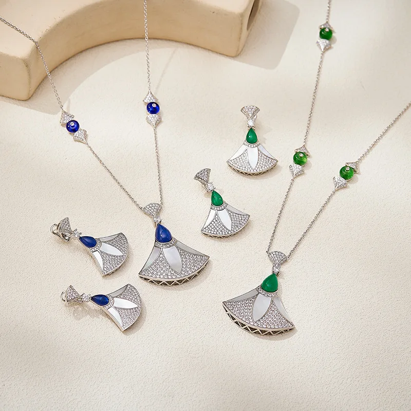 New Abalone Fan Earrings and Necklace Set with Gold Plating, Gemstone Inlay, and Choker Chain