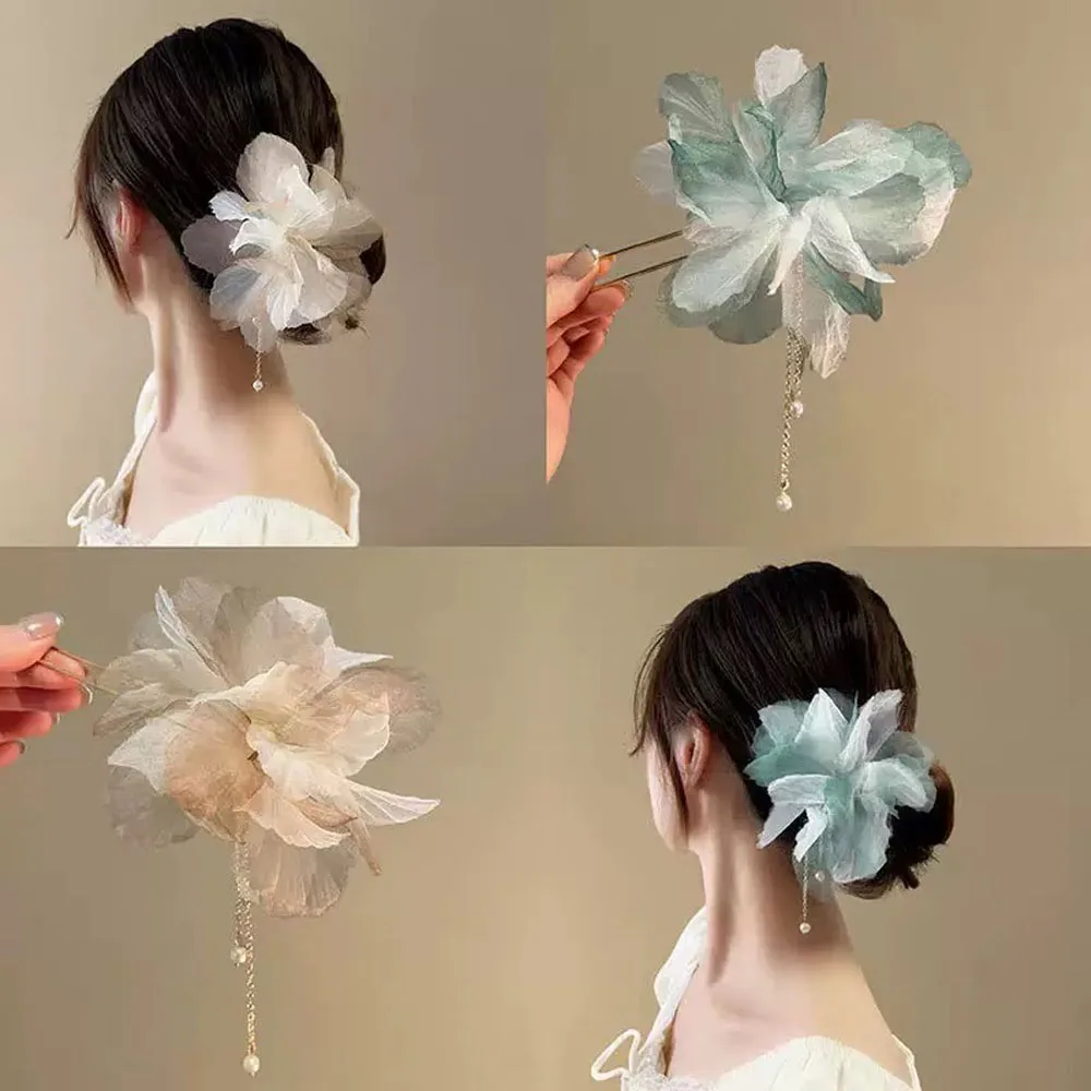 1/3 قطعة دبوس الشعر على شكل حرف U دبوس الشعر الصيني الجديد دبوس الشعر الجنية الرجعية يدويا زهرة الحرير الكبيرة شرابة دبوس الشعر ملحقات الشعر