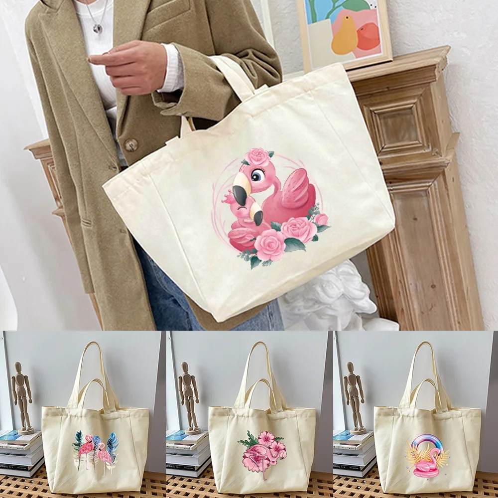 Shopping Bags Trend Harajuku Style Handbags Flamingo Print Canvas Shoulder Bags Girls Casual Shopper Tote Bag Women Sundries Bag