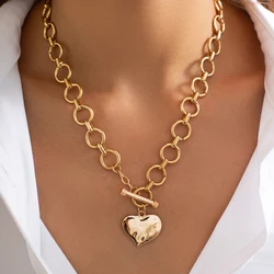 Lacteo Vintage Gold Color Circular Iron Chain Necklace For Women Daily Versatile Chunky Thick Heart Shaped OT Buckle Pendant New