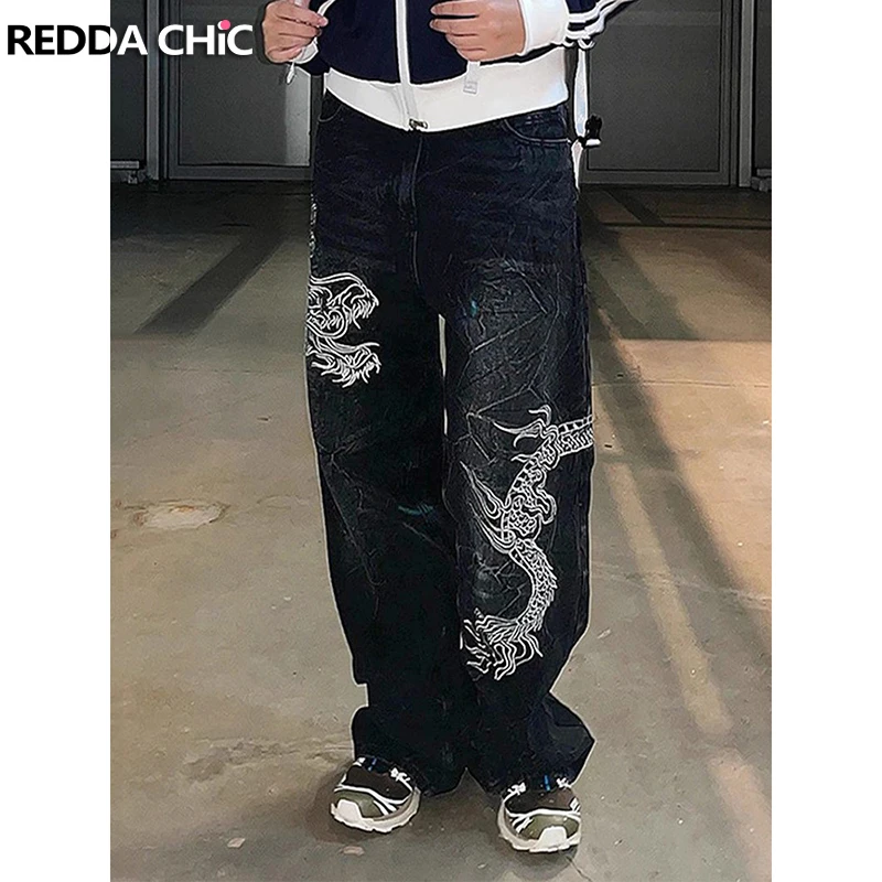 

REDDACHiC Джинсы-бойфренды с вышивкой дракона Черные потертые джинсовые брюки с высокой талией и широкими штанинами 90-х годов Skater Grunge Punk Женские штаны