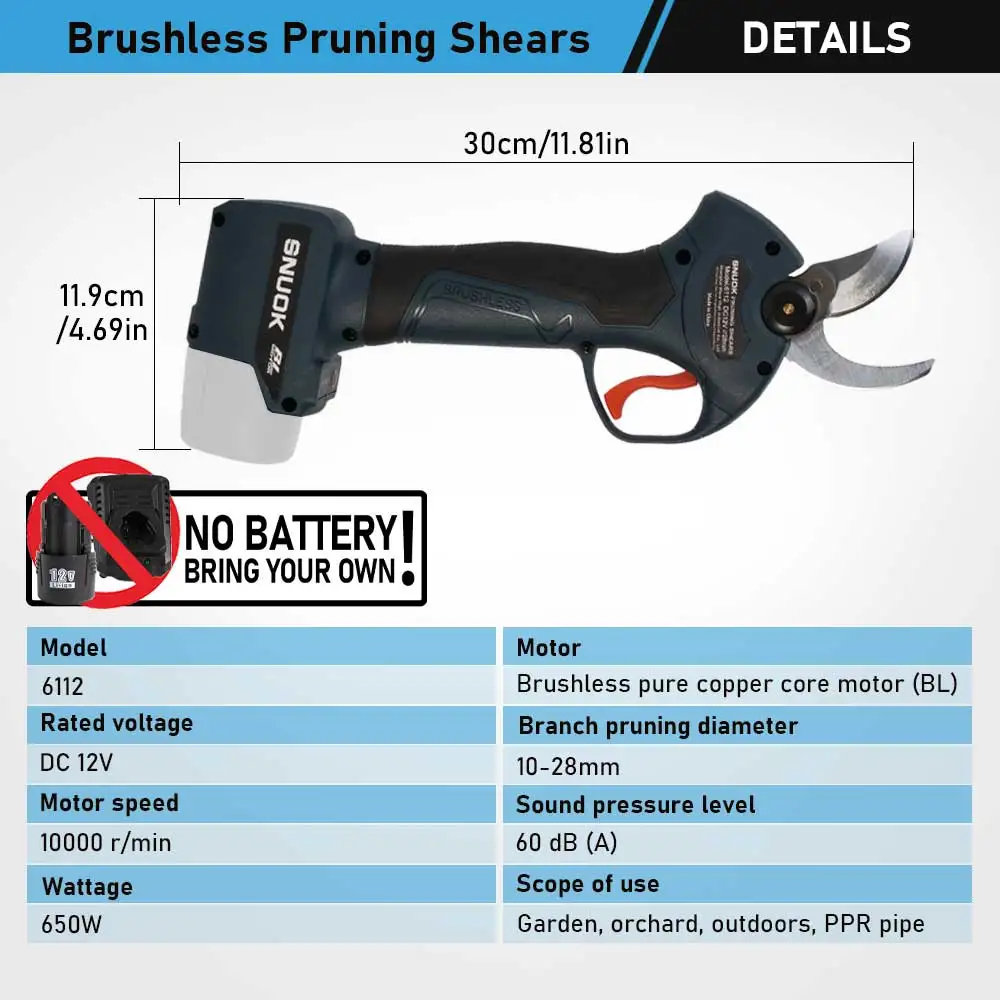 SNUOK No Battery 650W Brushless Garden Pruning Shears 10-28mm High Carbon Steel Outdoor Electric Scissors For Bosch 12V Battery