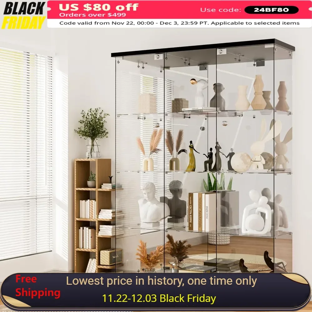 4-Shelf Glass Display Cabinet with Mirror & Lock，Tempered Glass Curio Display Cabinet 3 Doors，Bookshelf Showcase