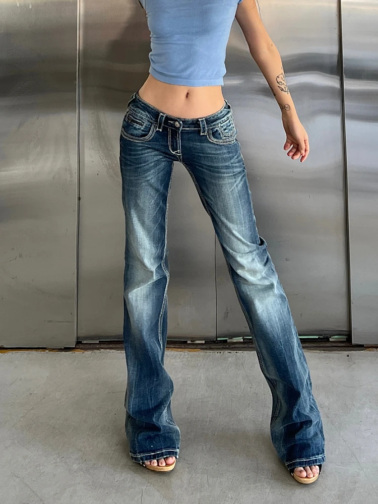 Celana Jeans Wanita Model Retro Amerika Ukuran Besar, Pinggang Rendah, Model Bell Bottom, Musim Semi Gugur, Lurus, Longgar, Meniruskan, Elastis, Panjang Menyentuh Lantai