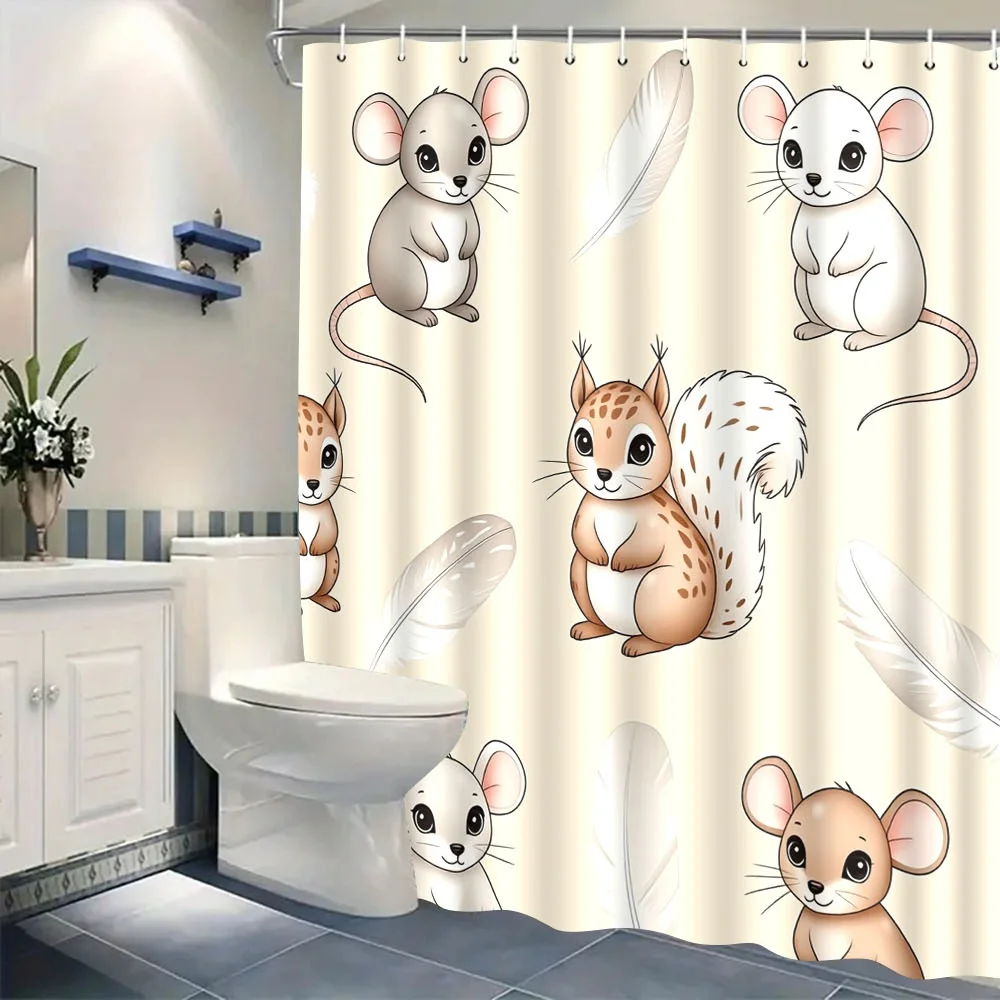 Cute Mouse & Squirrel Shower Curtain, Forest Animal Print, Kids Bathroom Decor, Waterproof Polyester Bath Curtain