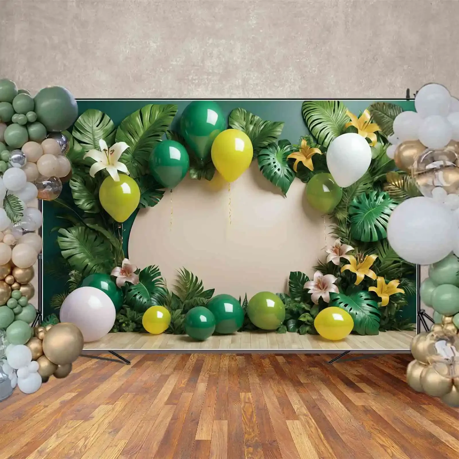 Mond. qg Hintergrund tropische Palm blatt Geburtstag Banner Photo zon Hintergrund Ballon Blume Holzbrett Dekoration Fotografie Requisiten