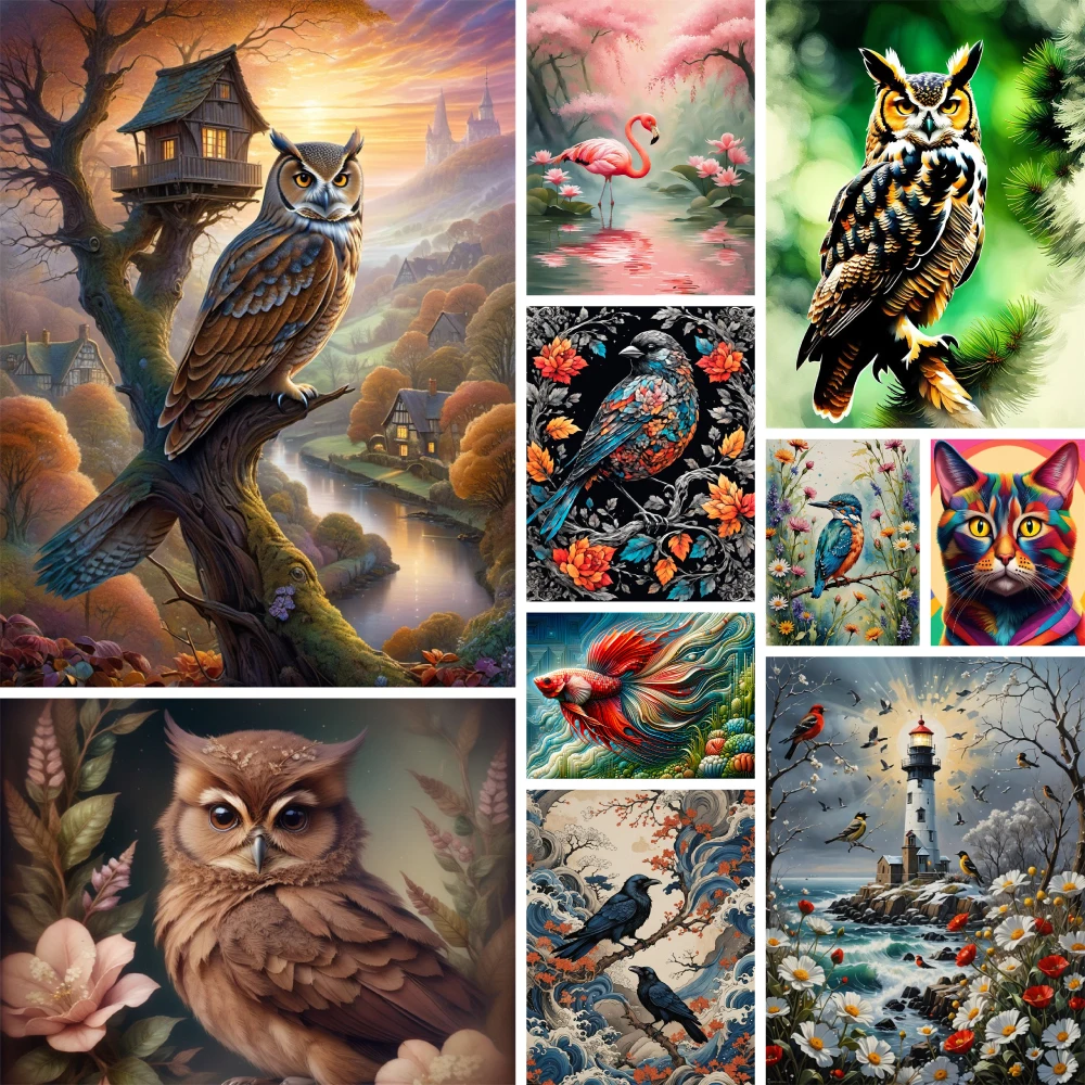 Animal Owl Flamingo Pre-Printed Cross-Stitch Full Kit DIY Embroidery Handicraft Hobby Knitting Painting Floss Room Decor Package