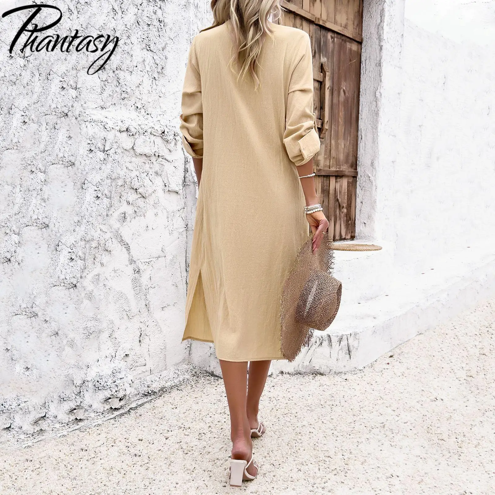 Phantasy-Vestido de manga comprida feminino com gola, monocromático, vestido de escritório, abotoado, elegante, streetwear casual, moda