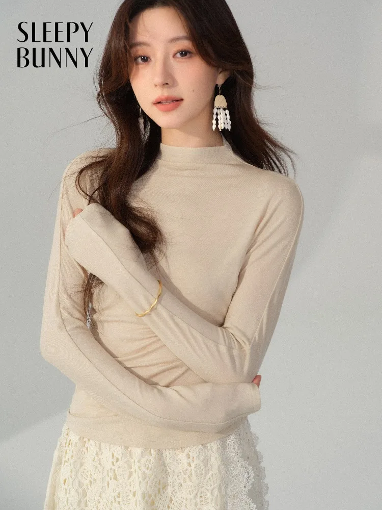 Camiseta elegante de manga larga de punto suave para mujer, cuello simulado, capa Base ajustada, camiseta interior cómoda para otoño e invierno, ropa informal