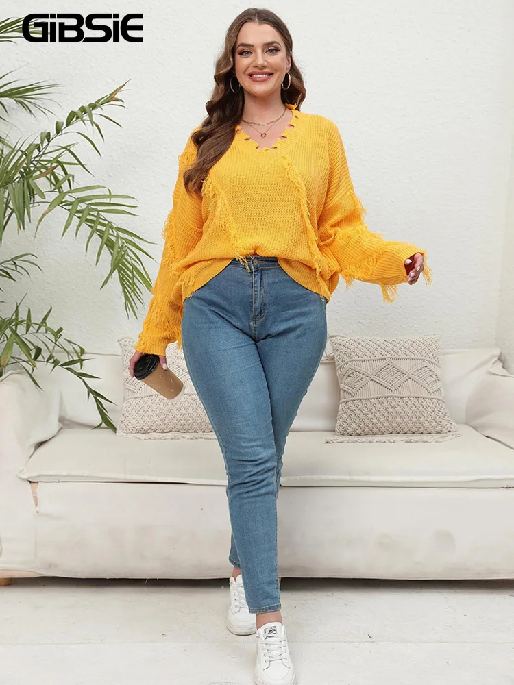 GIBSIE Plus Size V Neck Long Sleeve Pullover Knitted Casual Sweater Women 2023 Autumn Winter Fashion Tassel Knit Jumper Tops