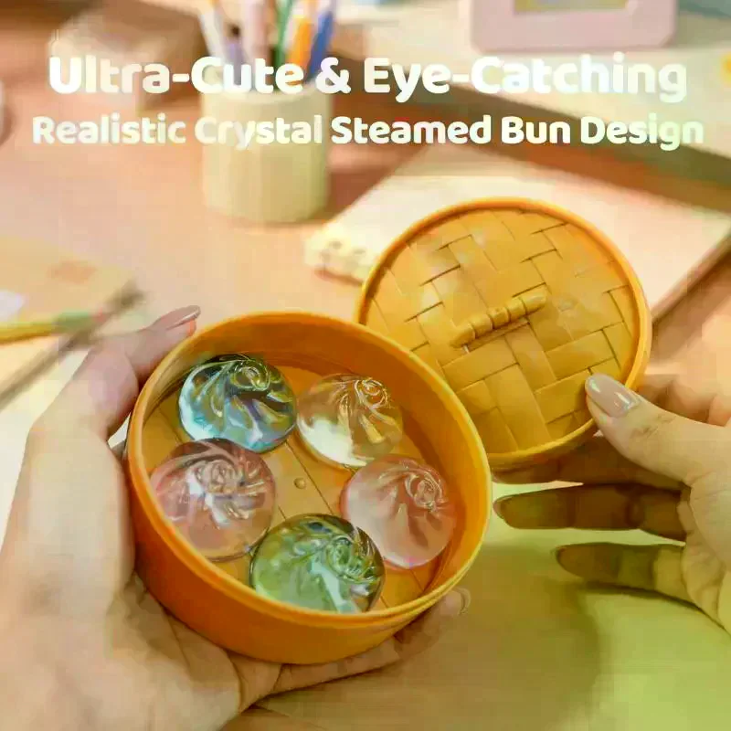 5Pcs Mini Dumplings With Steamer Bun Squeezable Toys Set Soft Stress Relief Crystal Squishy Fidget Sensory Toy Party Favors Gift