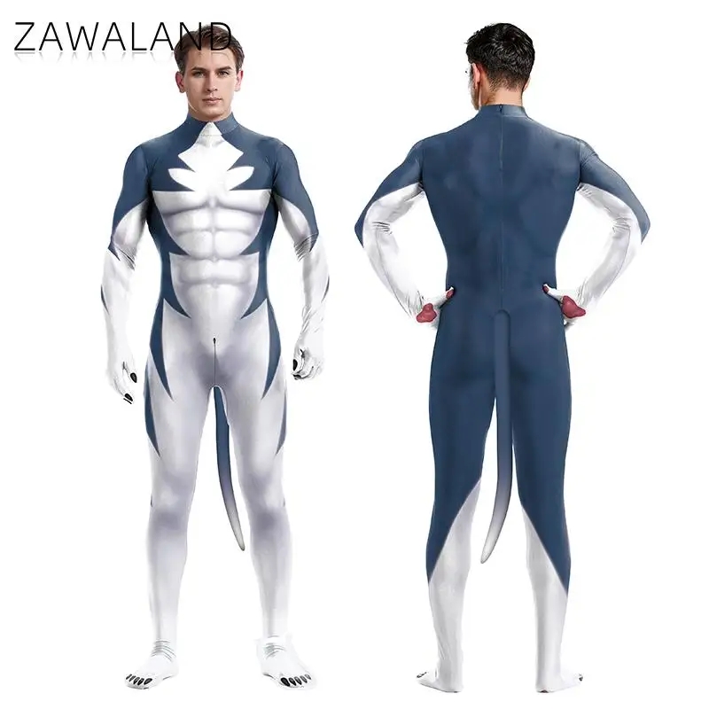 Zaw aland blau husky halloween kostüm frau mann ausgefallene petsuits cosplay voller bodysuit mit schritt reiß verschluss paar party kleidung