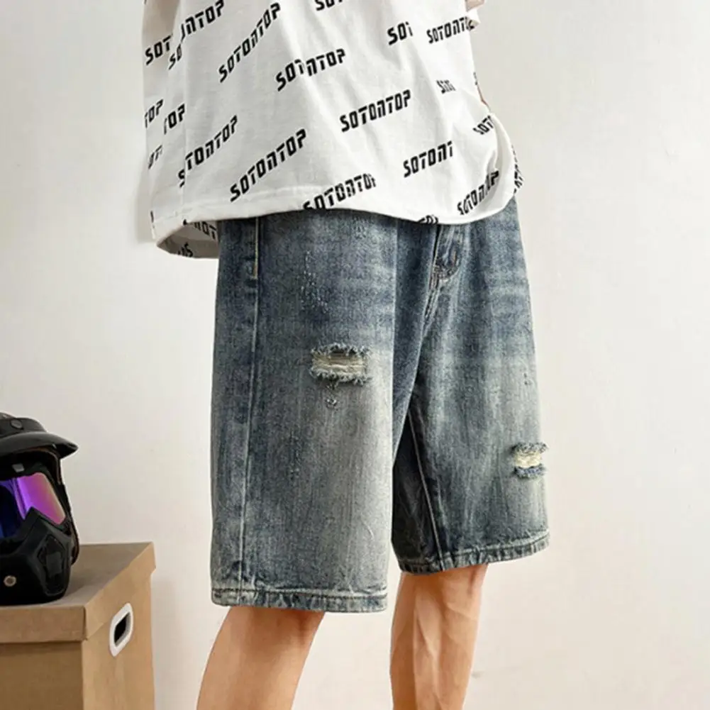 Men Denim Shorts Stylish Men's Denim Shorts Straight Leg Multi Pockets Ripped Holes Design for Fashion Comfortable Denim Shorts