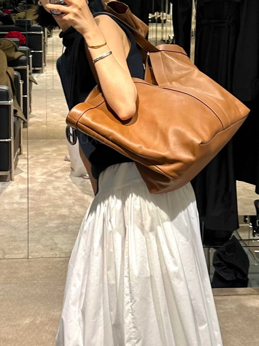 UXST 2024 Winter Runway Custom Tote Bag Simple Lazy Style Shopping Bag Computer Storage Handbag Solid Color Cowhide Shoulder Bag