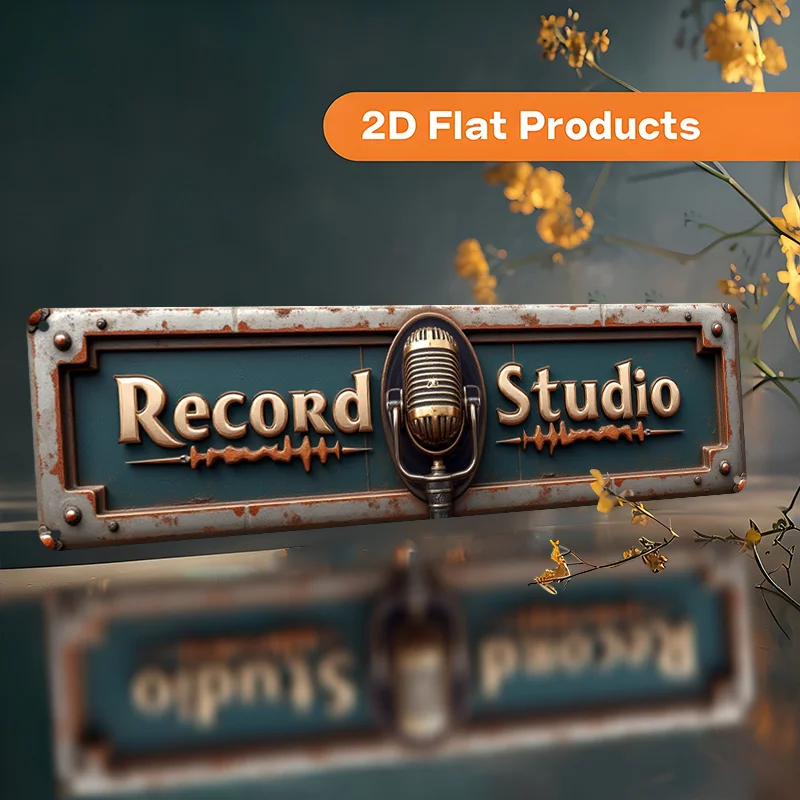 2D Flat, 'RECORDING STUDIO' Vintage Metal Wall Sign - Rustic Aluminum Decor with Rotary Record Player Design, Easy Install for H