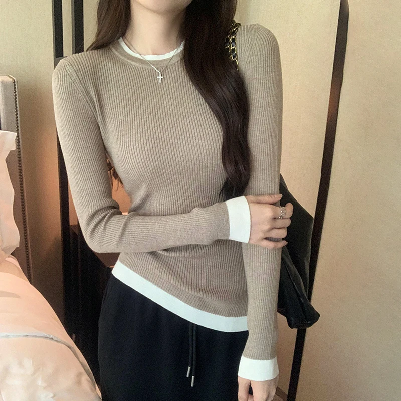 Korean Fashion Fake Two Pieces T-Shirts Women Chic Design Knit Tops Long Sleeve Contrasting Colors Slim Top Tees