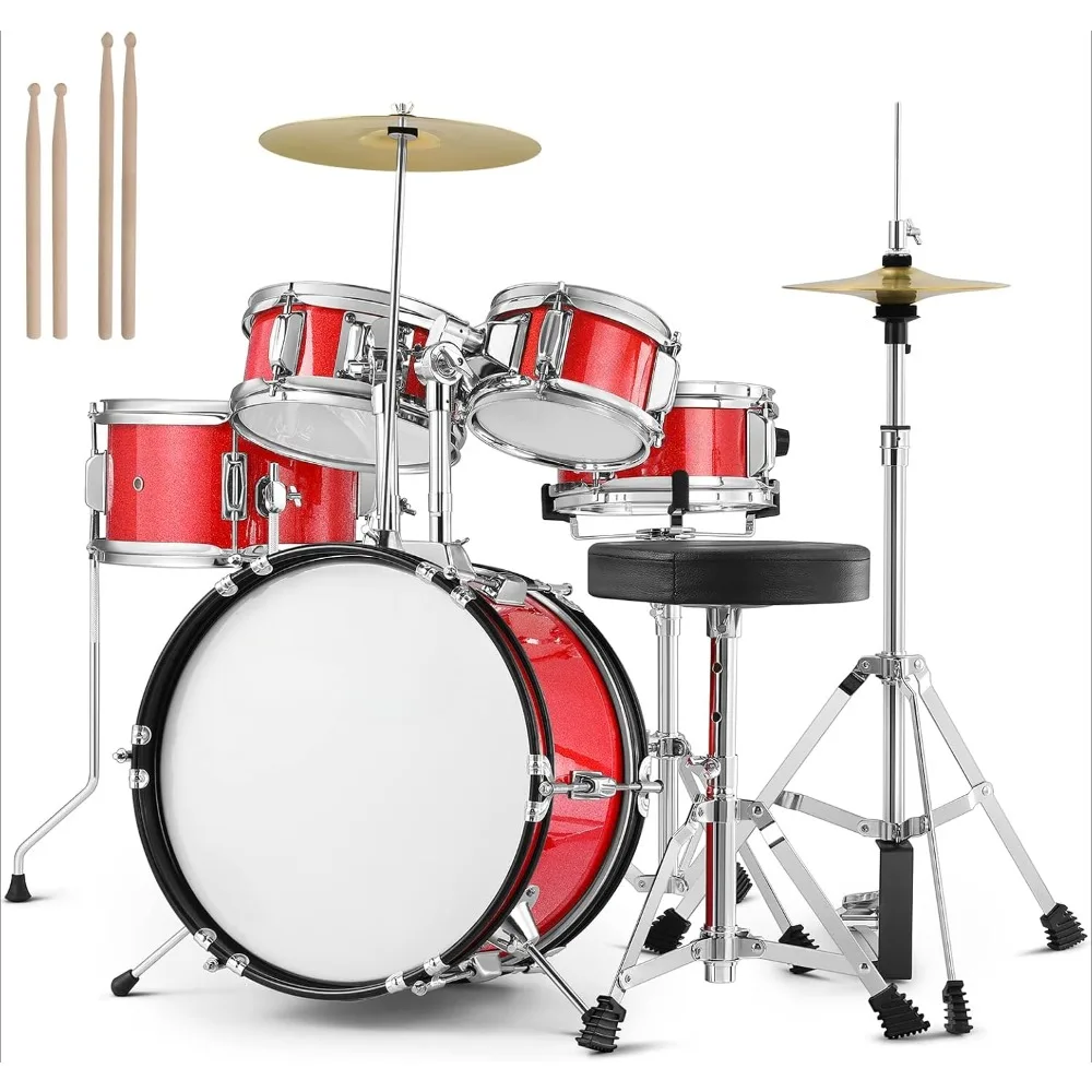 Children's Drum, Suitable for Beginners, 14 Inch Teenagers, with Adjustable Throne, Cymbal, Hat, Foot Pedal, and Red Drum Kit