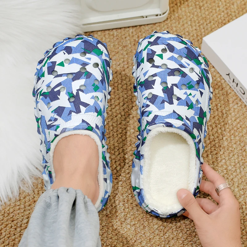Comfort Winter Fur-Lined Camo Clogs Slip-On Garden Shoes Half Shoes with Indoor Outdoor Use Lightweight Rubber Backless Slippers