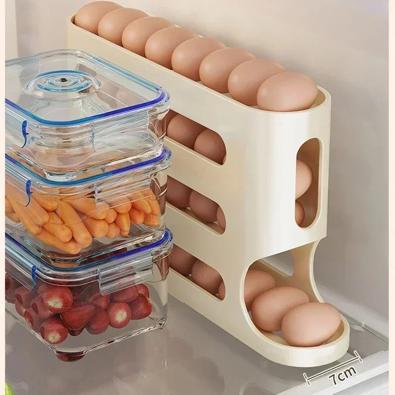 4-Layer Slide Egg Storage Box, Automatic Rolling Egg Dispenser, Large Capacity Refrigerator Side Door Organizer for Kitchen