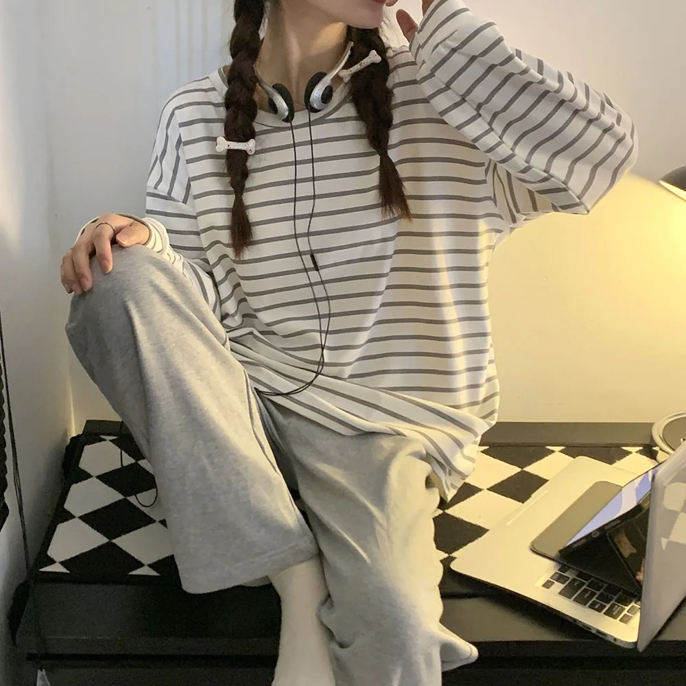 Casual Long Sleeves Striped Cotton Women's Pajama Spring New Round Neck Pullover+Pants 2Pcs Patchwork Loose Female Sleepwear Set