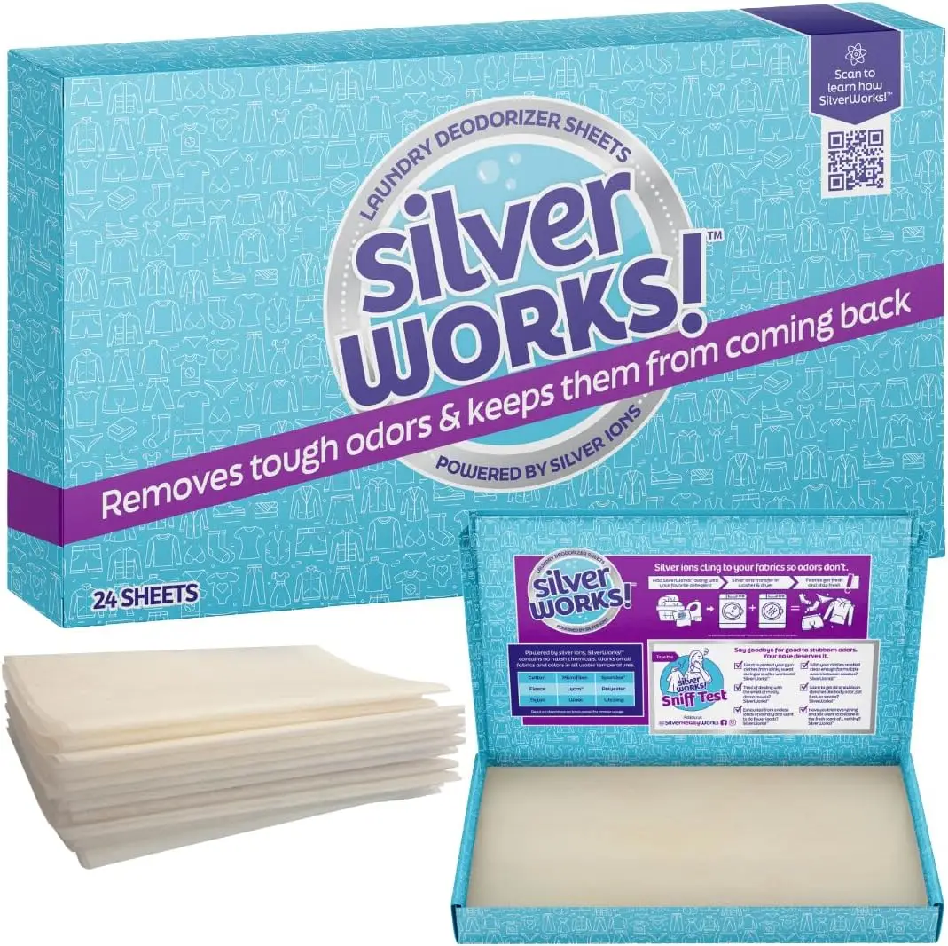 

Natural Silver Ion Laundry Deodorizer Sheets - Eliminate Odors in Wash & Dryer, 24 Loads