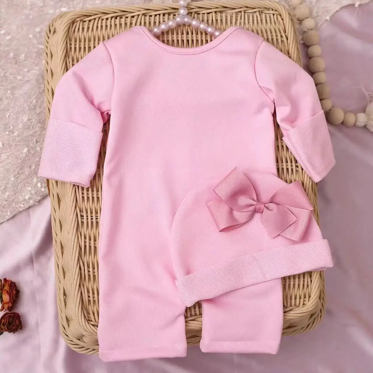 Ylsteed 2 قطعة التصوير الفوتوغرافي لحديثي الولادة طويلة الأكمام رومبير بذلة مع القوس قبعة التطريز ملابس الطفل التصوير الدعائم-HD