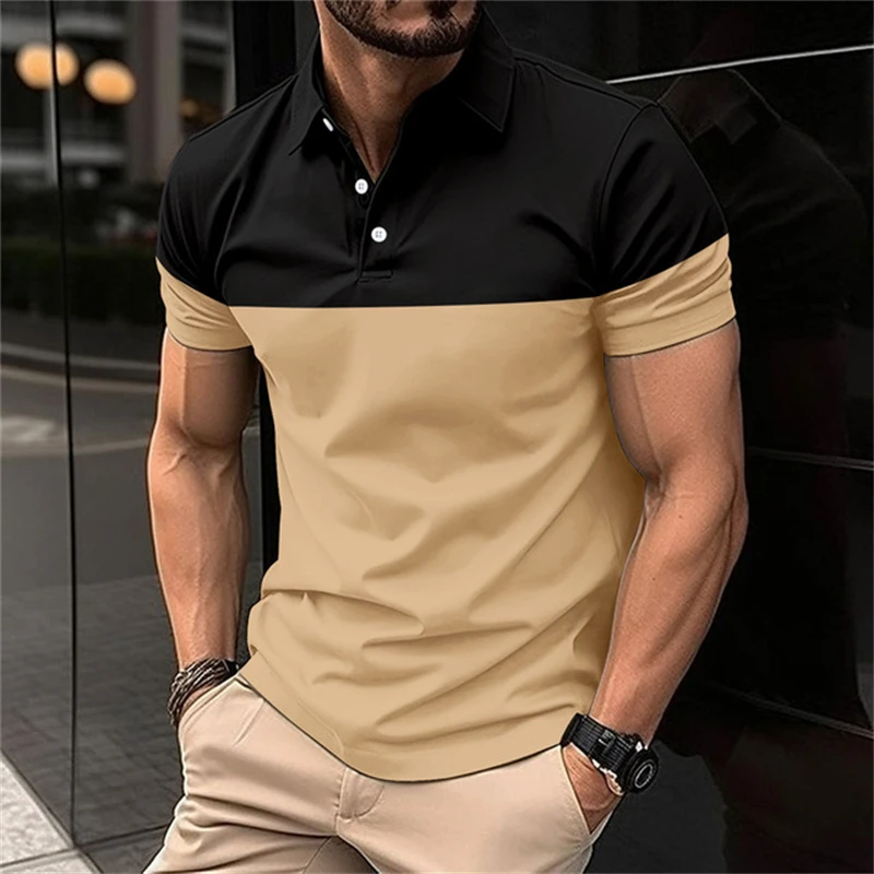 

Fashion Two Tone Splicing Printed Men's Polo T Shirt Summer Lapel Short Sleeve Tops Business Casual Golf Wear Oversized T-shirts