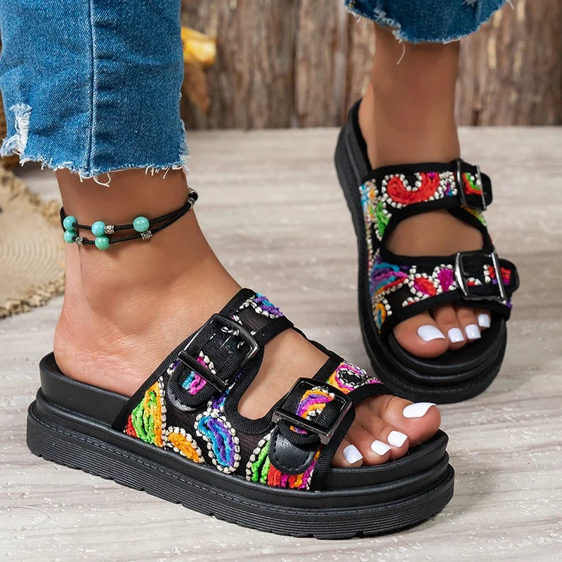

Women Shoes Mix Color Chunky Platform Slippers Women 2025 Fashion Flowers Non-Slip Sandals Woman Buckle Soft Thick Bottom Slides