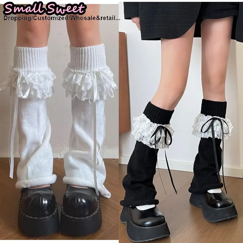 Women Y2k Girls Lolita Streetwear Gothic Decoration Bow Leg Warmers Knitted Stockings Leg Warmer Multi-layer Lace Inner Socks