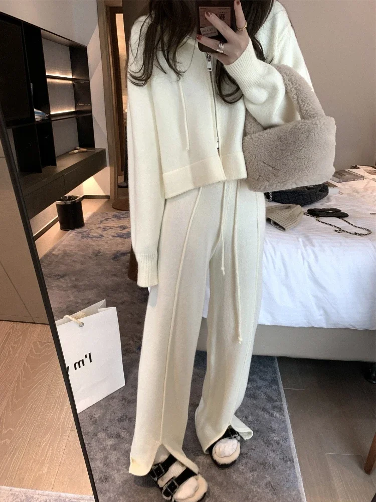 Women Two Piece Set Tracksuit Hooded Sweater Autumer Winter Thickened Knit Cardigan Zipper Wide Leg Pants Sets Casual Luxury