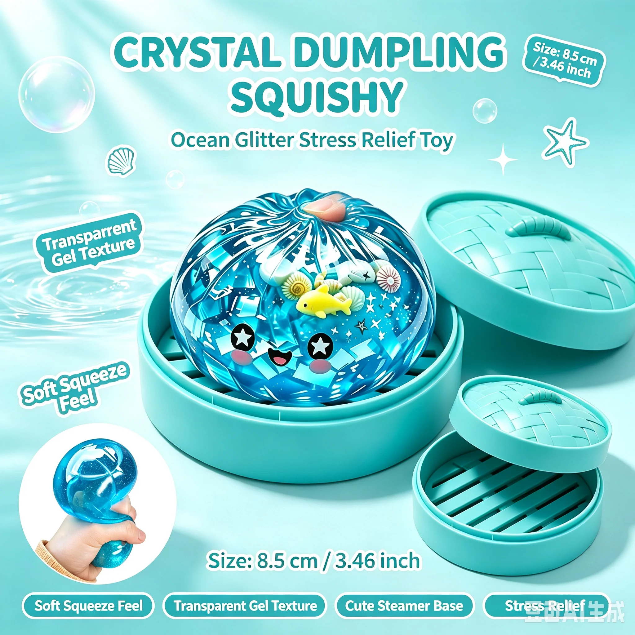 Image of Glitzernde Ozean-Brötchen Squishy Spielzeug Weiche, langsam rückfedernde Mini-Brötchen Fidget-Spielzeug mit Dampfgarer Gedämpfte gefüllte Brötchen Quetsch-Geschenke