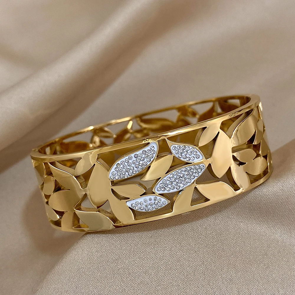 

Freetry Elegant Irregular Zircon Inlaid Leaf Wide Bangle Bracelet For Women Geometric Stainless Steel Cuff Bracelet Jewelry Gift