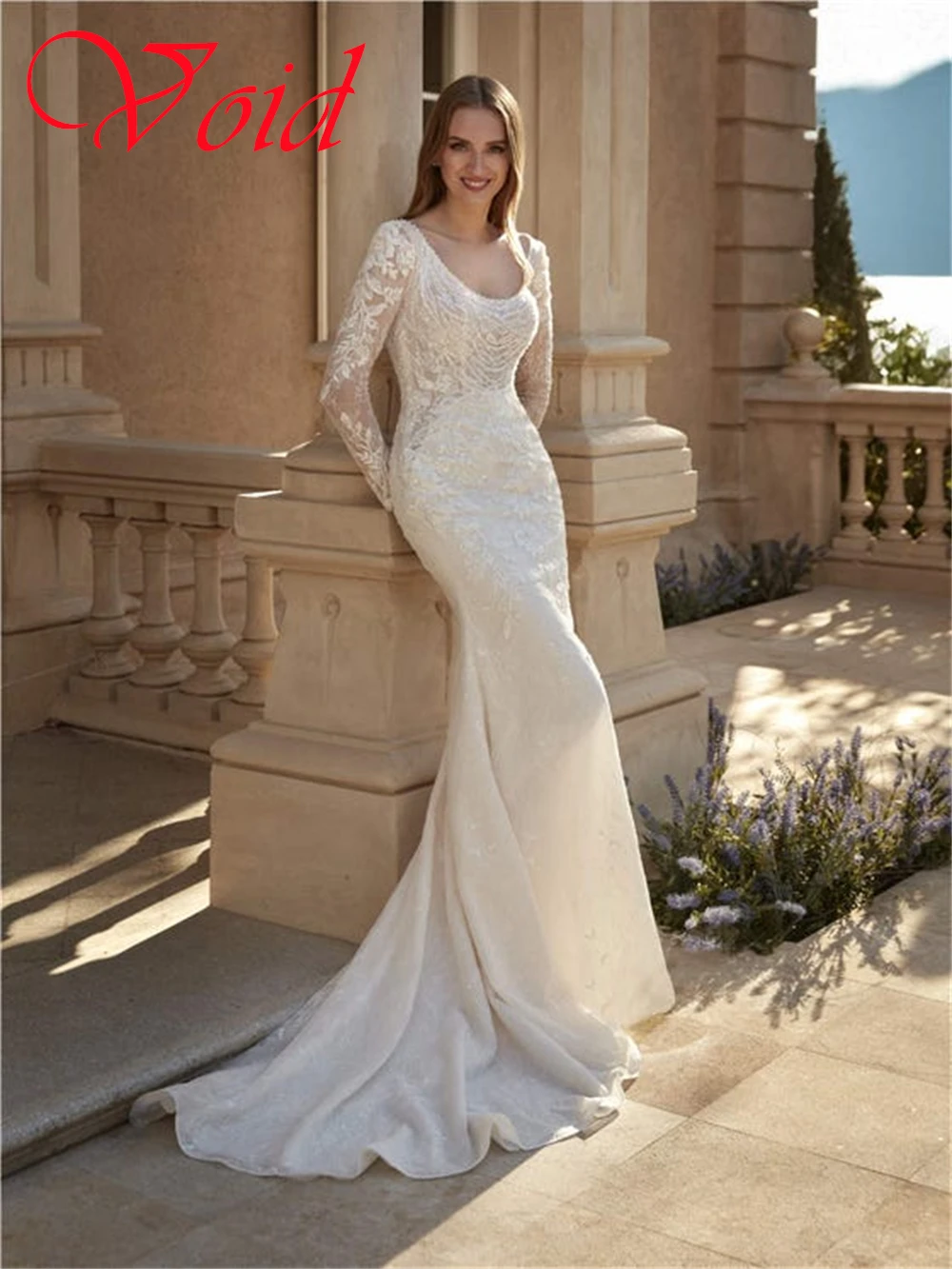 Abito da sposa in jersey bianco squisito personalizzato Temperamento Colletto quadrato Maniche lunghe Abiti da sposa sexy senza schienale per festa nuziale