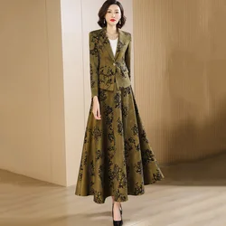 New Women Exquisite Floral Skirt Suits Spring Autumn Fashion Elegant Single Button Slim Blazer and Long Skirt Two Pieces Set