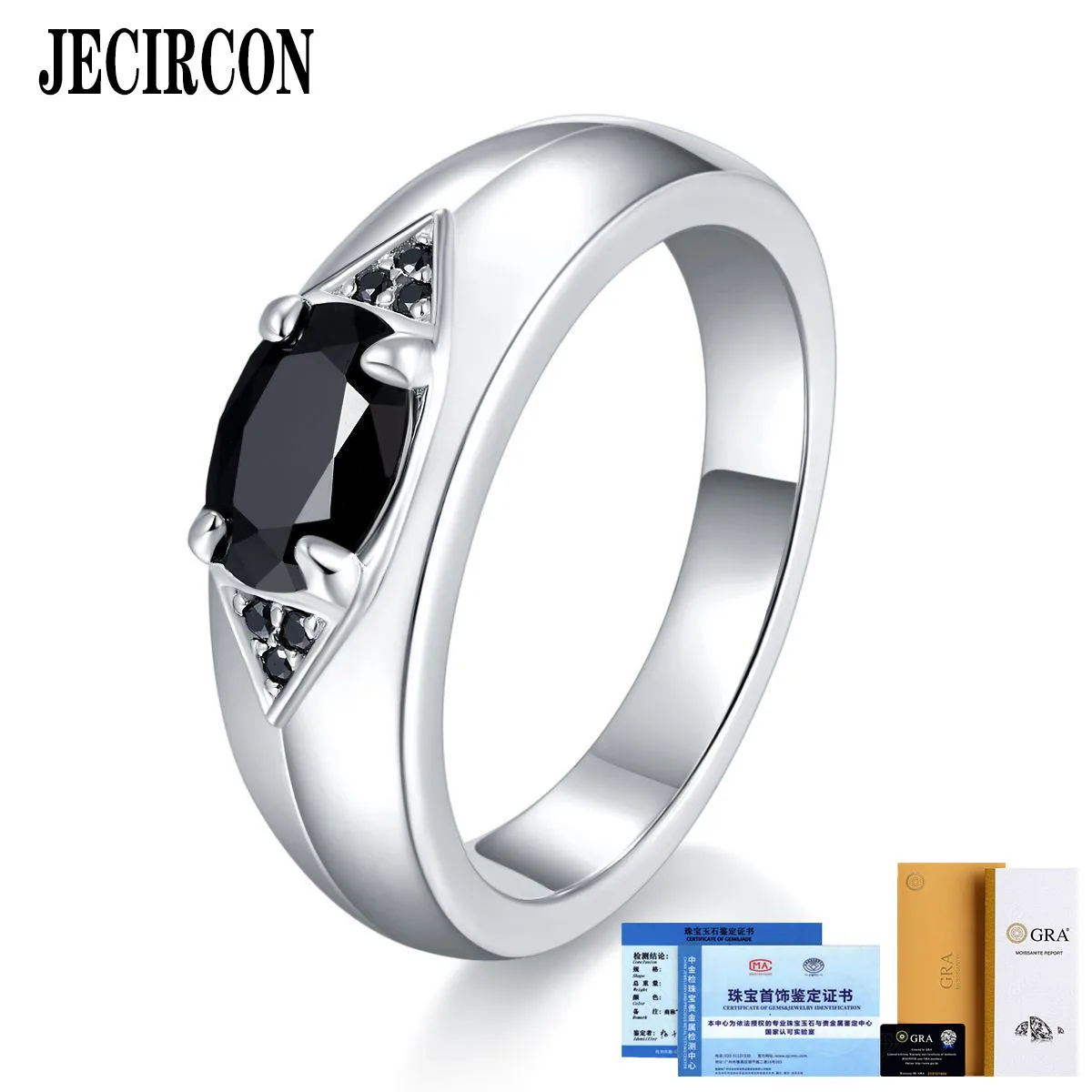 

JECIRCON 18K White Gold ring for Men Niche Design Oval 5*7MM 1 Carat Black Moissanite Ring Over Drilling Pen 925 Sterling Silver