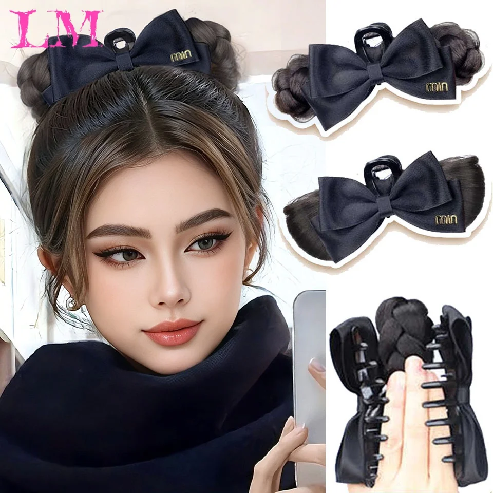 LM Synthetic Hair Bun Black Big Bow Braided Bun Claw Clip Synthetic Lazy Chignon Hair Extension for Ladies Daily Wedding Styling