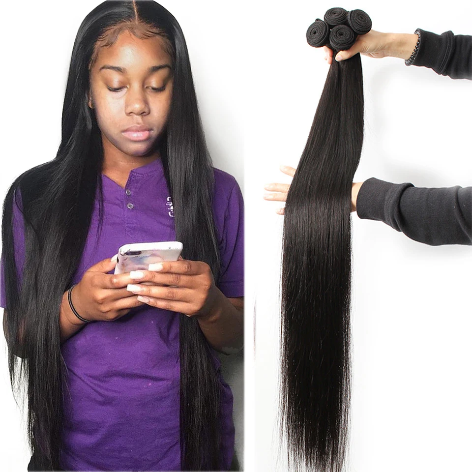 Extensiones de cabello humano brasileño de 28 y 30 pulgadas, mechones de pelo Natural de 1/3/4 piezas, color negro, liso, doble estirado