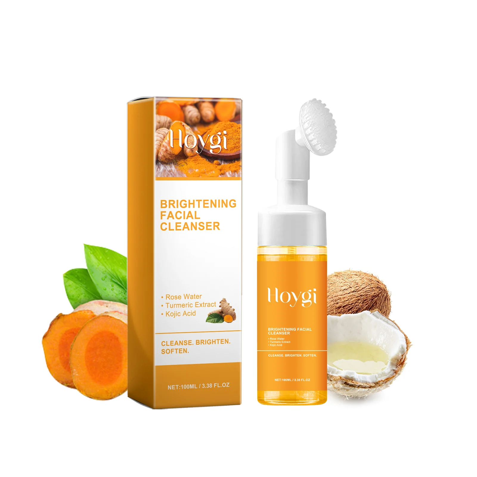 Turmeric Brightening Facial Cleanser Deep Cleaning Kojic Acid Rose Extract Face Wash Refreshing Foam Oil Control Moisturizing