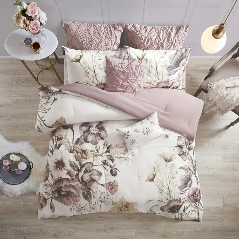 

Cassandra Cotton Blend Comforter Set - Feminine Design Colorful Floral Print Bed Linen Set Queen Blush 8 Piece Freight Free Sets