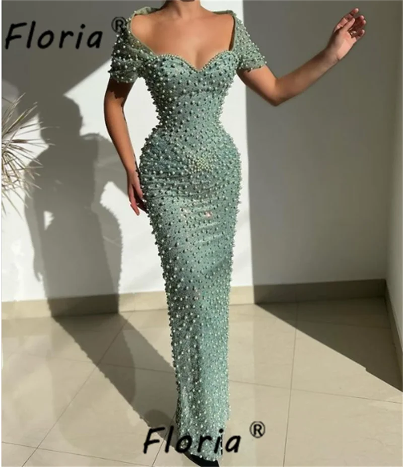 Elegant Green Full Pearls Bodycon Prom Dresses Off the Shoulder Short Sleeve Floor Length Evening Party Dress Robe De Soiree