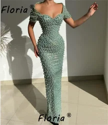 Elegant Green Full Pearls Bodycon Prom Dresses Off the Shoulder Short Sleeve Floor Length Evening Party Dress Robe De Soiree